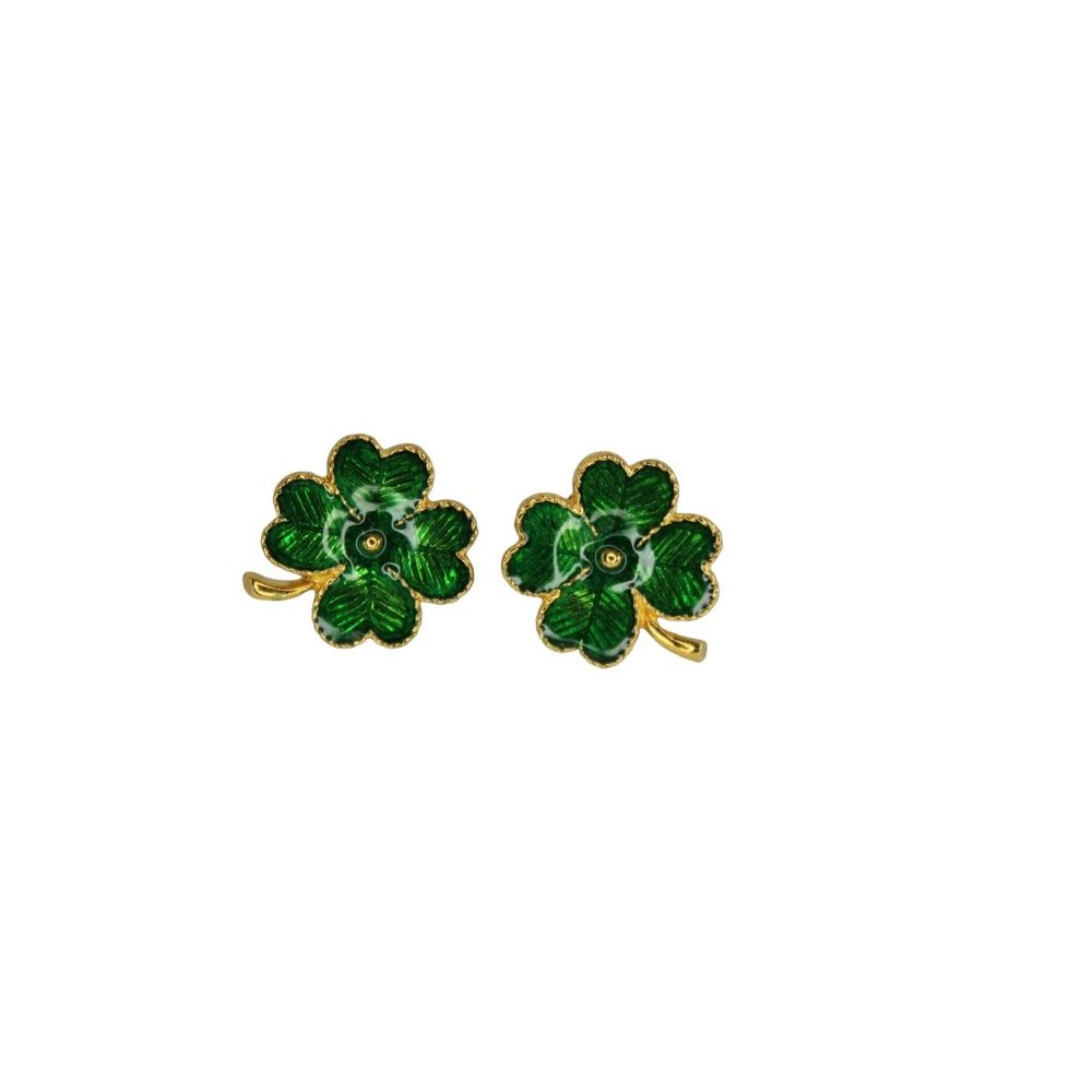 Green Shamrock Earrings Avon Enamel Goldtone Vintage 89241 Pierced